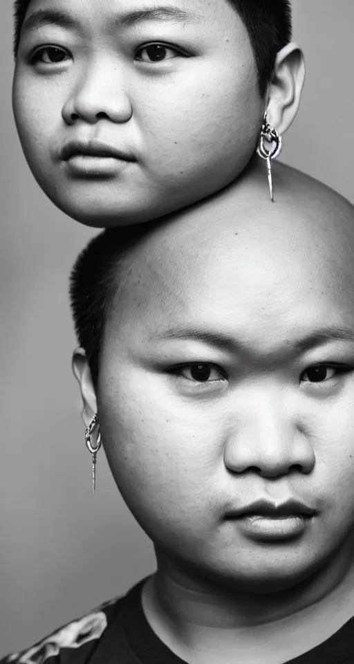 Prompt: close up portrait of a teenage chubby filipino with crooked teeth and a perm, shaved sides of head, curly on top, small studded earings