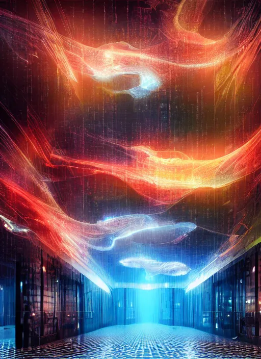 Image similar to cinematic shot epic group happy humans, hyper realistic, mood lighting, fantasy, detailed flow of beautiful digital images, floating graphics, dripping light drops, supercomputers text to images, beautiful graphics, highly detailed, super realistic, perfect lighting pixel sorting, style sheet