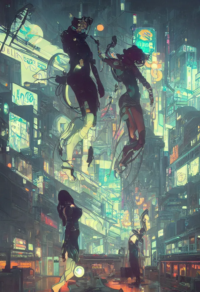 Prompt: an emotional concept painting of a cyberpunk android dancing in the moonlight, neon signs, empty city, large detailed moon, concept painting by Alphonse Mucha and Ross Tran and WLOP and Ruan Jia and Greg Rutkowski