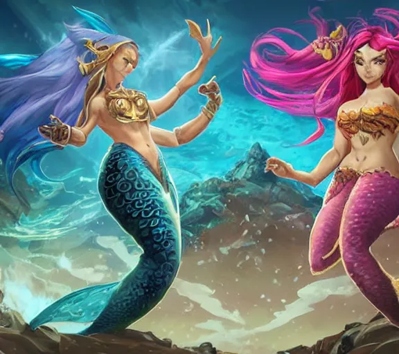 Image similar to two mermaids share a victorious fistbump, crepuscular rays behind fistbump, whimsical, dungeons and dragons, league of legends splash art, heroes of the storm splash art, hearthstone splash art, world of warcraft splash art, overwatch splash art, art by artgerm, art by alphonse mucha, intricately detailed, highly detailed, trending on artstation,