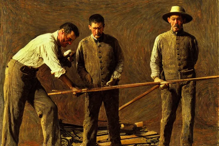 Prompt: men at work, by thomas anshutz and thomas eakins