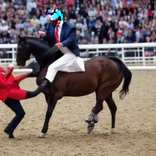 Prompt: Donald trump getting kicked in the face by a horse