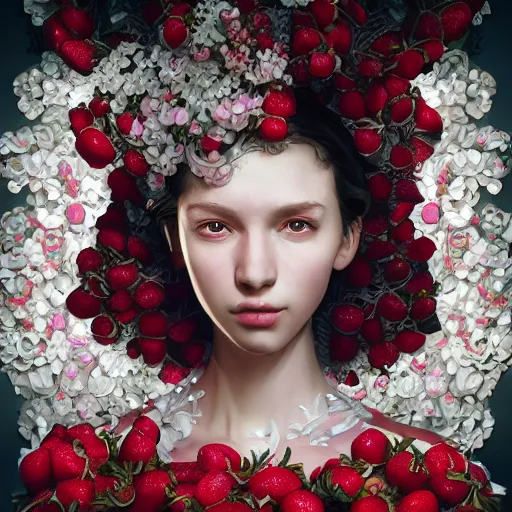 Image similar to the portrait of an absurdly beautiful, graceful, elegant, sophisticated, fashionable young woman made of strawberries and white petals with tears, an ultrafine hyperdetailed illustration by kim jung gi, irakli nadar, intricate linework, bright colors, octopath traveler, final fantasy, unreal engine 5 highly rendered, global illumination, radiant light, detailed and intricate environment