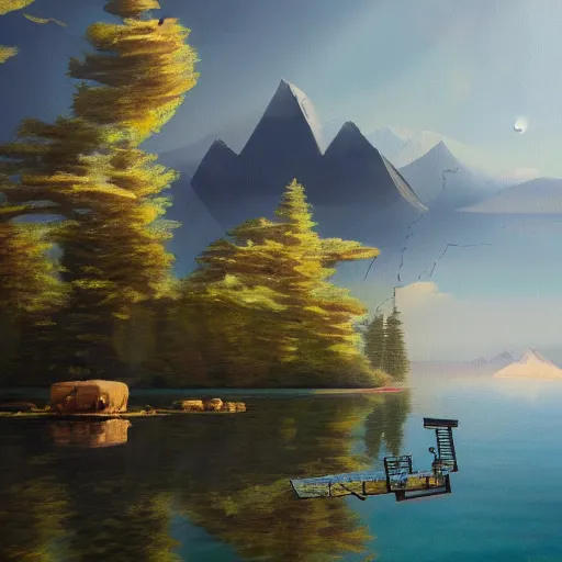 Prompt: largely animated black cube sits in the center, in the air, levitating above a pristine lake with a background of residual peaceful mountains, robustly intricate oil painting, 4 k quality, trending on artstation