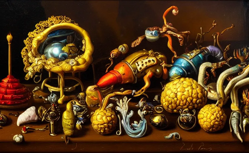 Image similar to disturbing colorful oil painting dutch golden age vanitas still life with bizarre objects strange gooey surfaces shiny metal bizarre insects rachel ruysch dali todd schorr very detailed perfect composition rule of thirds masterpiece canon 5 0 mm, cinematic lighting, photography, retro, film, kodachrome