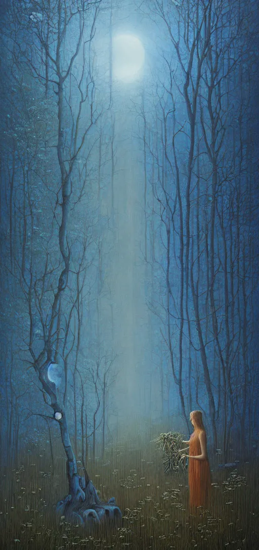 Image similar to painterly dreamy Kupala Night in the blue forest with trees which have eyes, giant flowers, glowing owls, deers, women, lianas, thistles, giant fantasy creatures, a stream and sky with moon and stars by Beksinski, Alex Grey, Aron Wiesenfeld and Giger dark fantasy, witcher, very detailed oil painting in the alla prima style, masterpiece, 8k