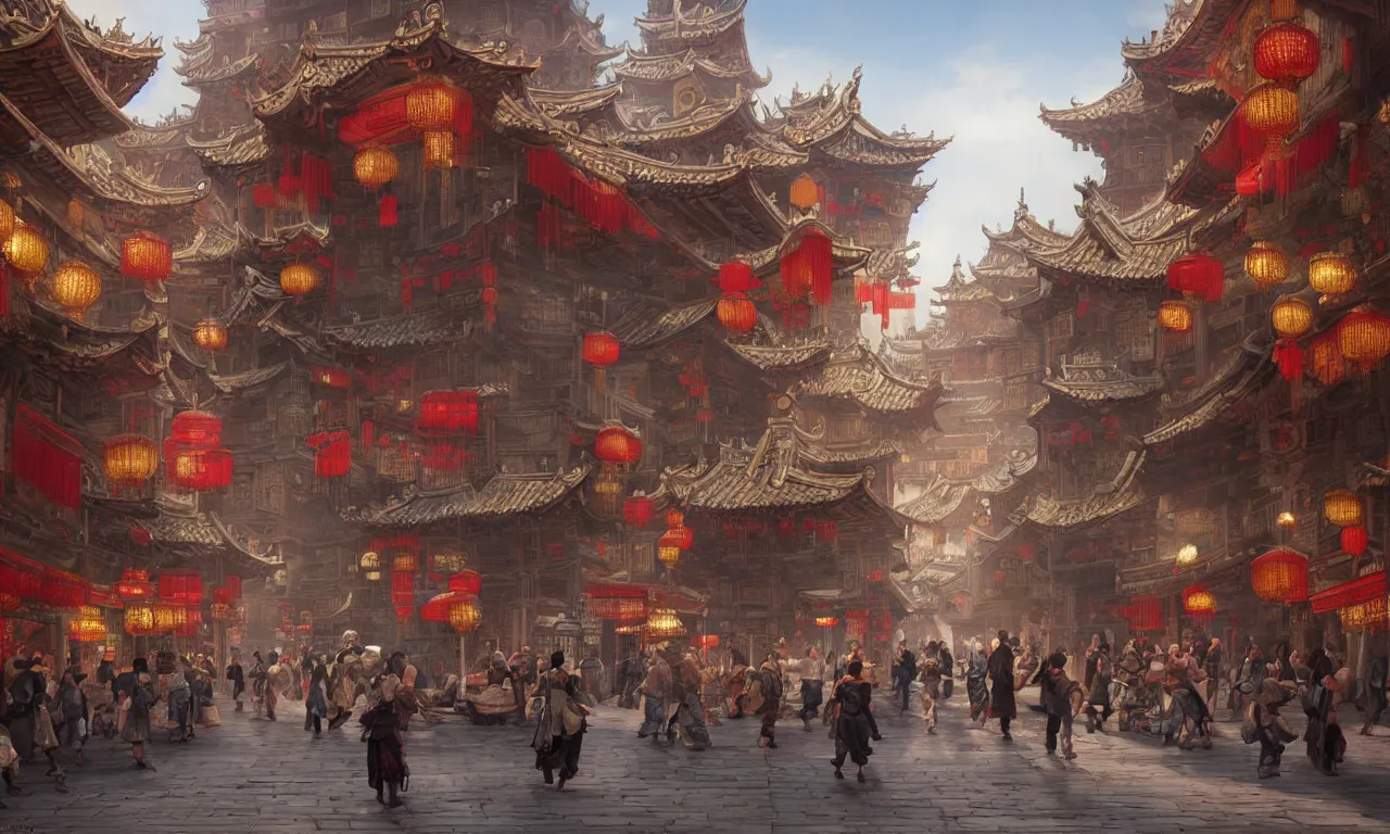 Prompt: an original game concept scene painting of an opulent marketplace street scene in chinese style ， super wide angle, magnificent and gorgeous atmosphere ， matte painting ， rtx on ， by moebius, neil blevins and jordan grimmer ， trending on cgsociety and artstation, unreal engine ， volumetric light ， surreal