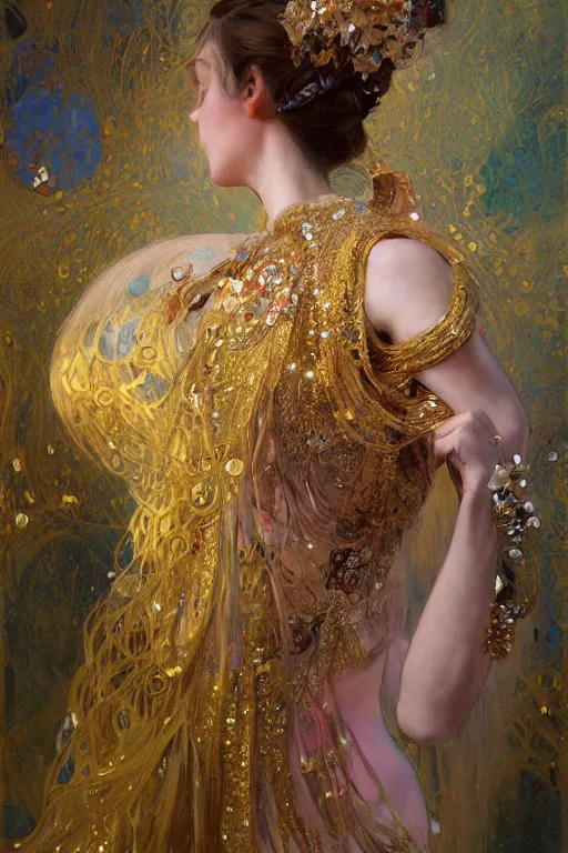 Image similar to an intricate painting of a beautiful young ballerina covered in silk clothes with klimt golden motives and textures, hyper detailed, ornamental gold headpiece, octane render, vivid colors, artstation, by jeremy mann, by alphonse mucha, by boris vallejo