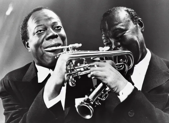 Prompt: Hans Zimmer playing with Louis Armstrong, 1940s photography, jazz concert, detailed