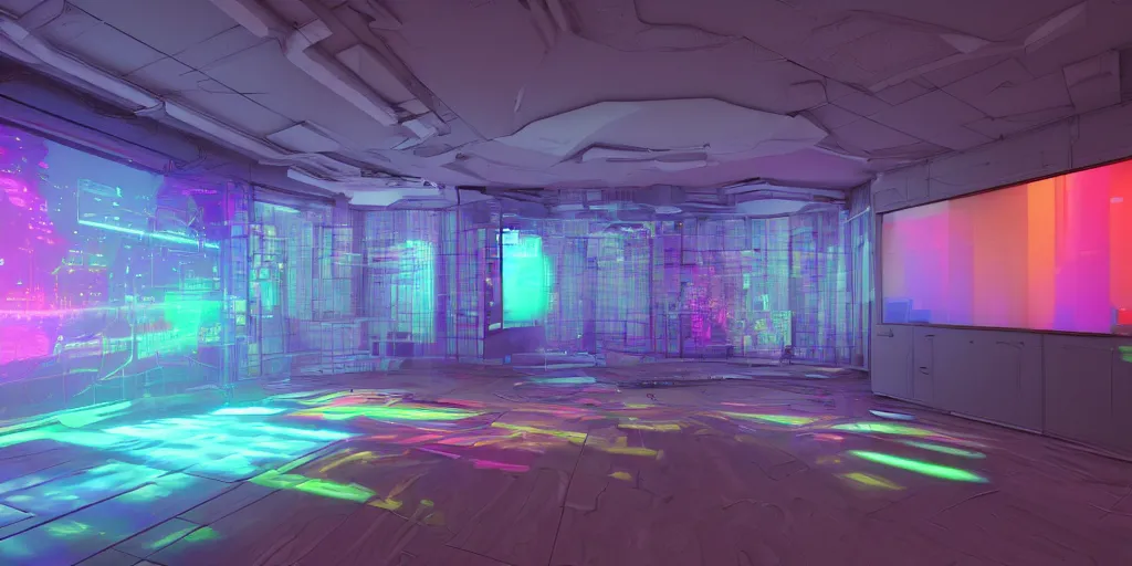 Image similar to a photorealistic futuristic 3D room with four walls covered with rainbow glowing CRT computer monitors with snowy screens embedded into the wall, Trending on artstation, cinematic lighting from the right, hyper realism, octane render, 8k, depth of field, 3D