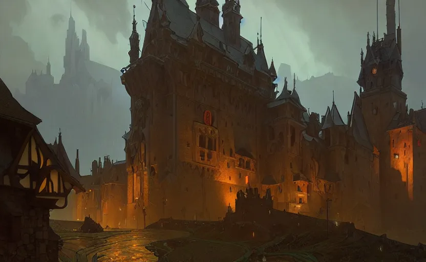 Image similar to an old medieval stronghold with moody and cinematic lighting by alphonse mucha, simon stalenhag and darek zabrocki, cinematic and atmospheric, concept art, artstation, trending on artstation