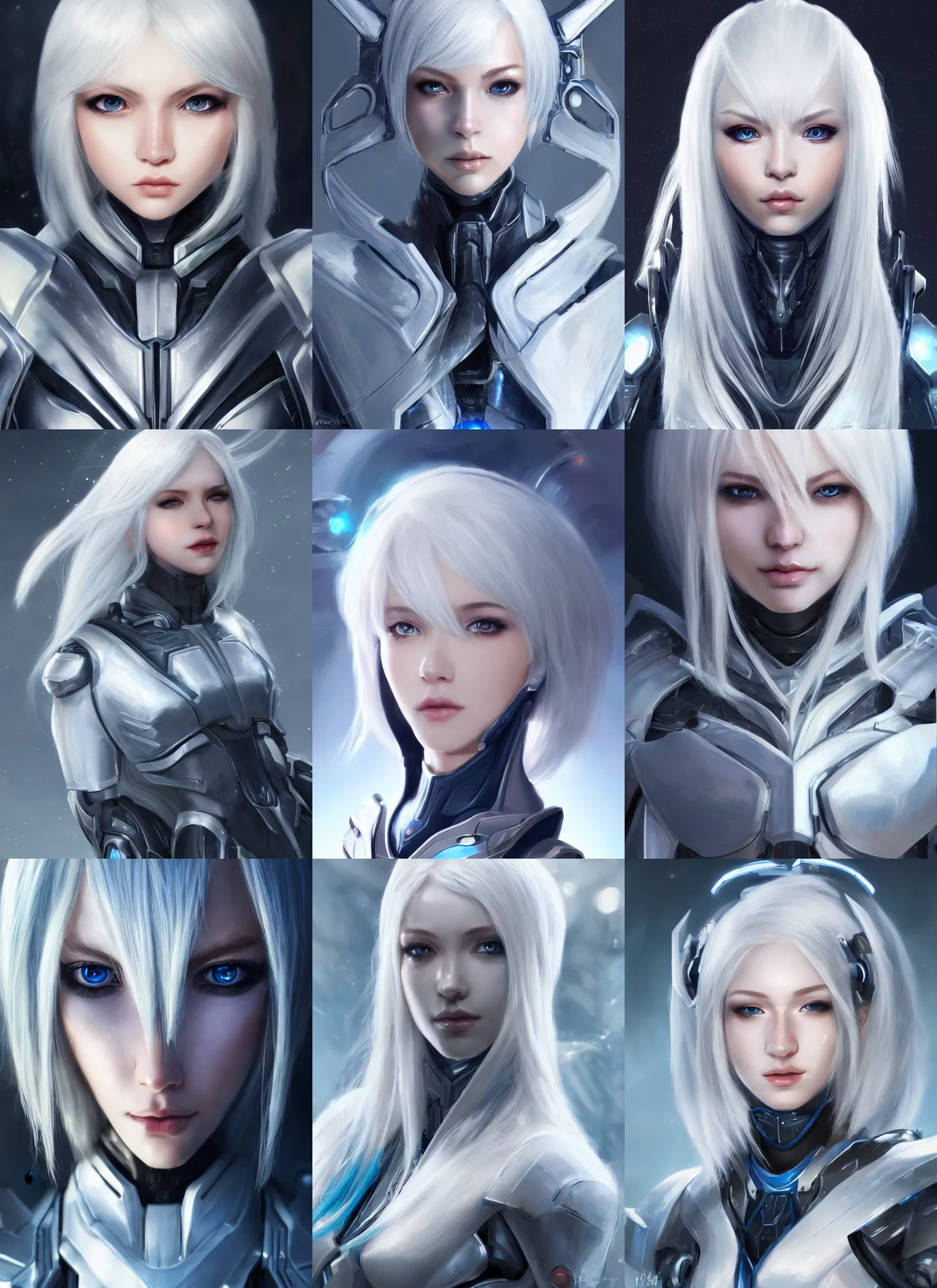 Image similar to detailed portrait of perfect white haired girl, android, warframe armor, beautiful, pretty face, blue cyborg eyes, innocent, scifi, 4 k, sun yunjoo, ultra realistic, aura of light, cinematic lighting, highly detailed, sharp focus, artstation, masterpiece, art by hyungjin yang