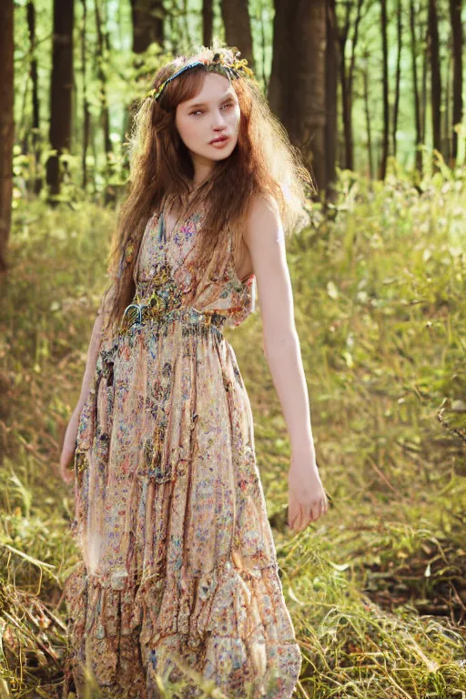 Image similar to young model girl in a fantasy boho hungarian floral patterned dress in the woods, soft golden light fashion photography, magical