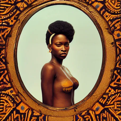 Image similar to vintage portrait of a stunningly beautiful west african female, depth of field, zeiss lens, detailed, symmetrical, centered, fashion photoshoot, by edward s curtis, Annie Leibovitz and Steve McCurry, David Lazar, Jimmy Nelsson, Breathtaking, 8k resolution, extremely detailed, beautiful, establishing shot, artistic, hyperrealistic, beautiful face, octane render