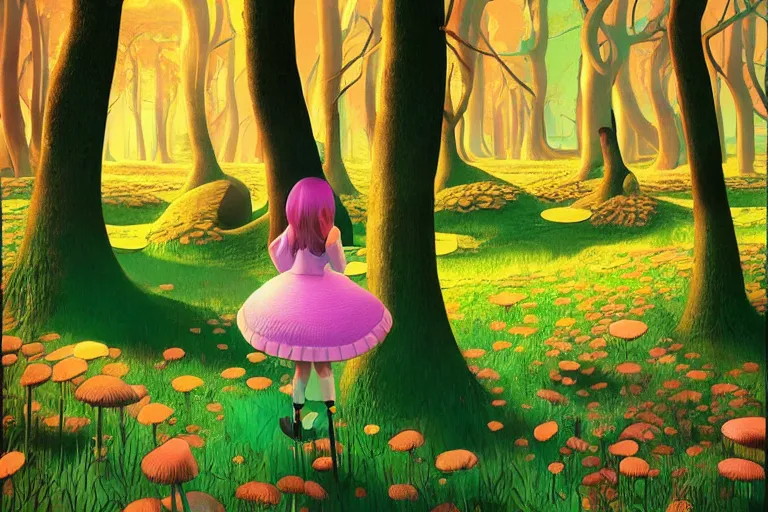 Prompt: alice in wonderland digital illustration by ilya kuvshinov, surreal mushroom forest by beeple