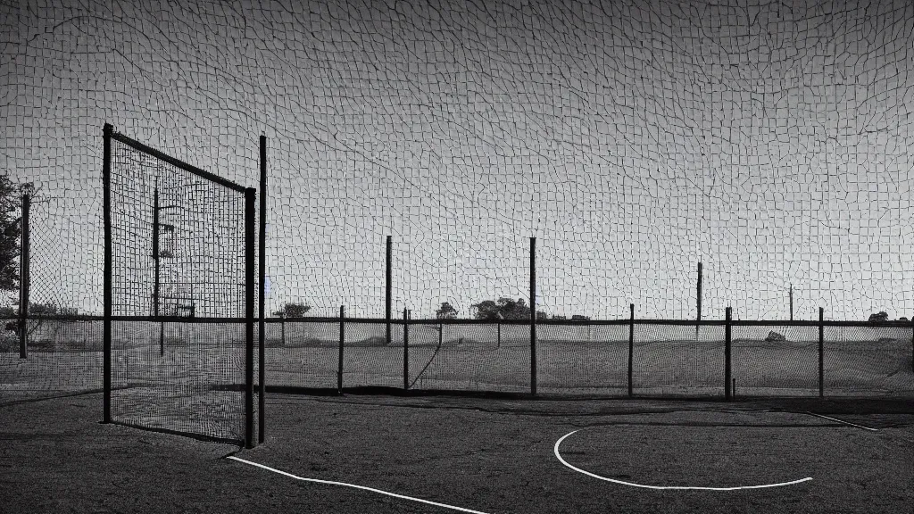 Prompt: photograph of an isolated basketball backboard and rim on a dirt court in a scenic location, in the styles of cameron look, andrew bernstein, and ansel adams. intricate, hyperrealistic, monochrome hdr, accurate court