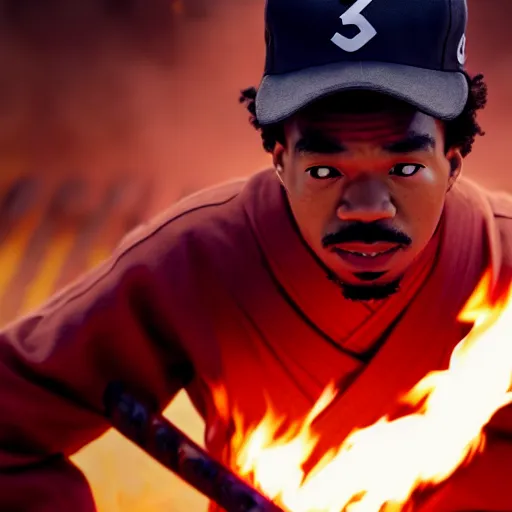 Prompt: cinematic film still of Chance The Rapper starring as a Samurai holding fire, Japanese CGI, VFX, 2022, 40mm lens, shallow depth of field, film photography