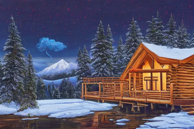 Image similar to a beautiful painting of a log cabin by a lake in front of snowcapped mountains at night. there's smoke coming from the chimney of the log cabin.