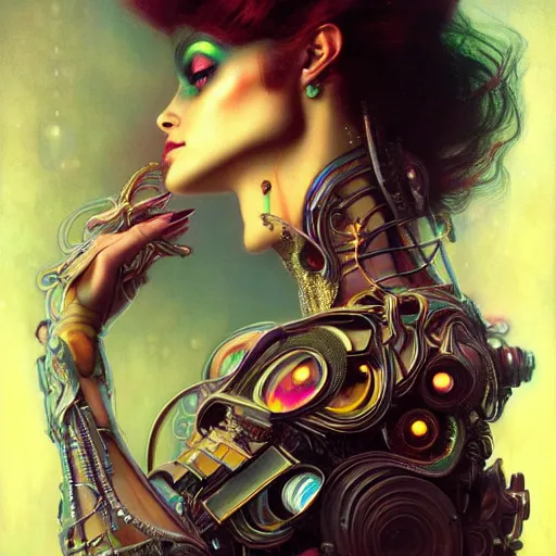 Prompt: extremely psychedelic beautiful cyborg queen of lsd. intricate, elegant, highly detailed, extremely lifelike photorealistic digital painting, artstation. steichen, gaston bussiere, tom bagshaw, cyberpunk alphonse mucha. dark pallet, melancholy. anatomically correct in every way. sultry. sharp focus. soft light.