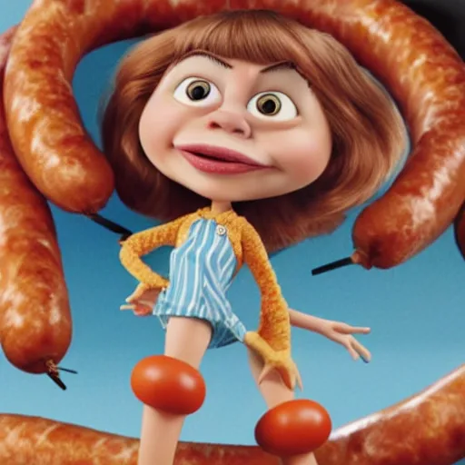 Image similar to hyperrealistic emma stone caricature surrounded by long fat frankfurter sausages by bob byerley and aardman animation, mascot, target reticles