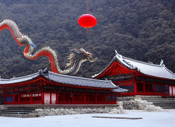 Prompt: chinese dragon floating above a temple in the snowy mountains by morbacher and yoshitaka amano