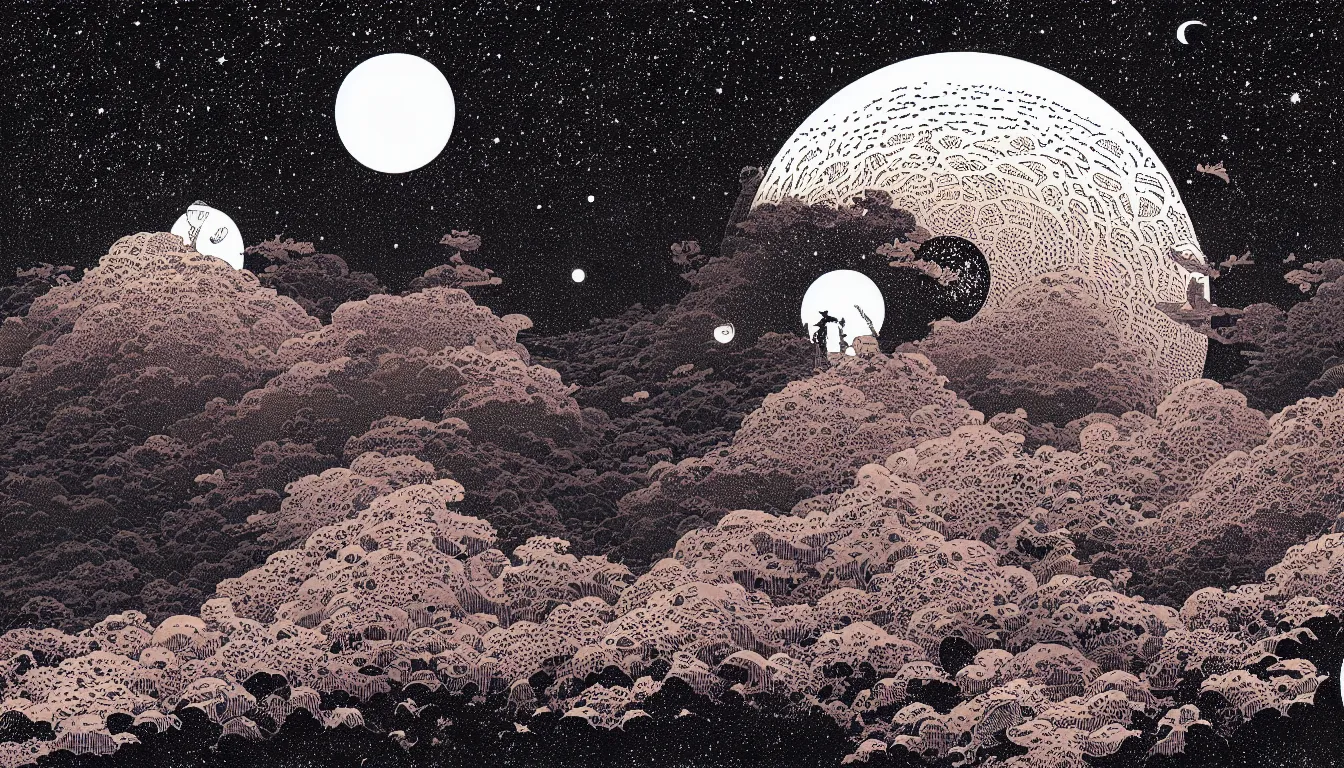 Image similar to gazing up into the cosmos by woodblock print, nicolas delort, moebius, victo ngai, josan gonzalez, kilian eng