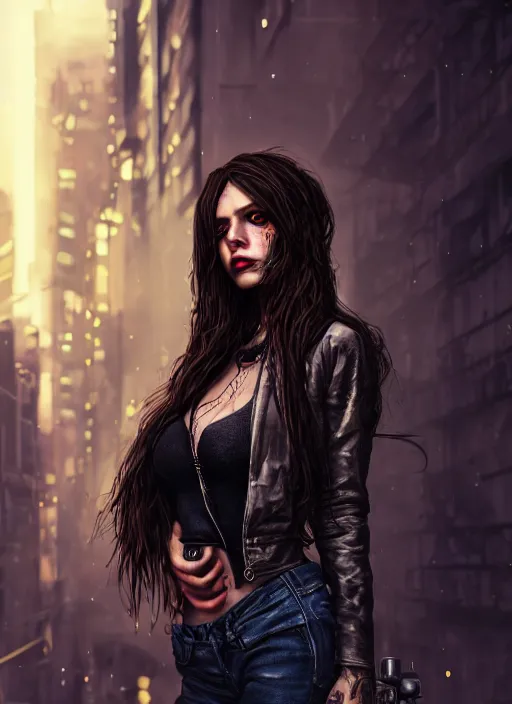 Prompt: 3 / 4 portrait, 3 5 mm dslr photo, emma slave, gang clothing, brunette, long hair, fashion, id magazine, hyperrealism, detailed textures, photorealistic, 3 d cyberpunk apocalyptic city, ultra realistic, cinematic, intricate, cinematic light, unreal engine 8 k,, david kostic, artgerm