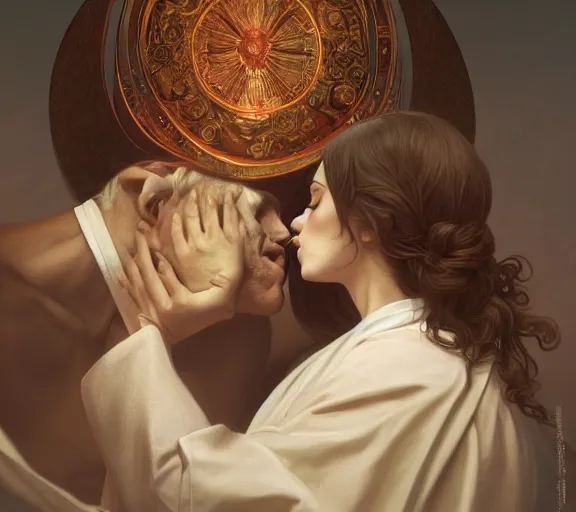 Image similar to photography of a pope kissing the breast of a sensual woman, deep focus, intricate, elegant, highly detailed, digital painting, artstation, concept art, matte, sharp focus, illustration, art by artgerm and greg rutkowski and alphonse mucha