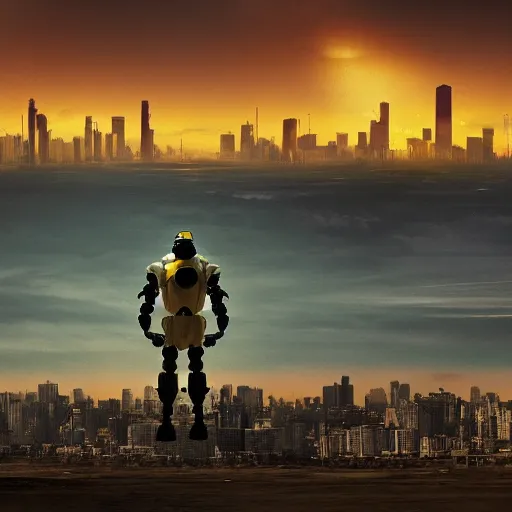 Prompt: a beautiful award-winning photo of the last man on Earth wearing a robotic hazmat suit, serene idyllic post-nuclear background, a mirage of the skyline of destroyed Buenos Aires, volumetric lighting, very high quality, extremely detailed, subtle visual noise, 8K