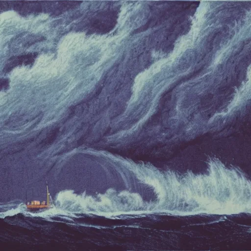 Image similar to a risograph of a ship during huge storm