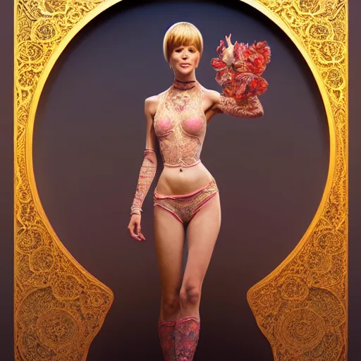 Image similar to wide angle full body portrait of I Dream of Jeannie, with a perfect face and perfect body, thin waist, lace, exposed navel, intricate, highly detailed, digital painting, artstation, concept art, smooth, sharp focus, illustration, Unreal Engine 5, 8K, art by artgerm and greg rutkowski and alphonse mucha