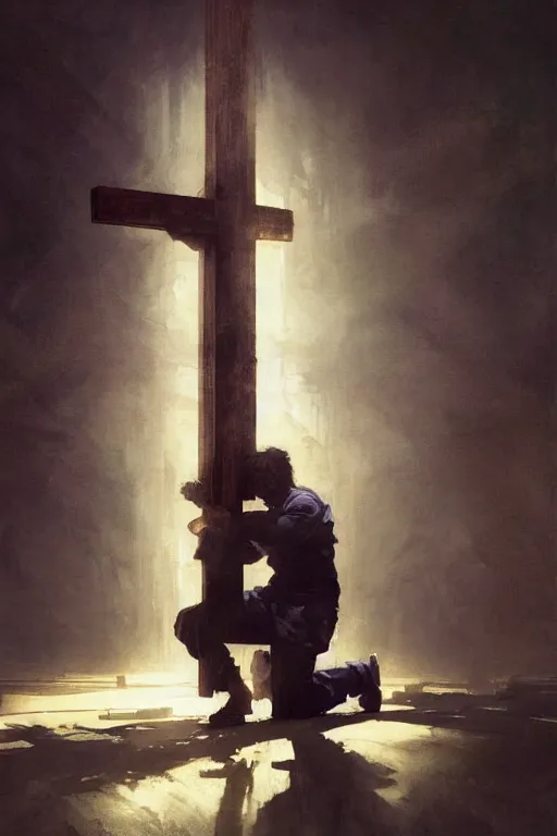 Image similar to man kneeling at the foot of a wooden cross, dramatic lighting art by Yoji Shinkawa by Richard Schmid by greg rutkowski by Sandra Chevrier by Jeremy Lipking cinematic dramatic, by frank miller, illustration by Ruan Jia and Mandy Jurgens and William-Adolphe Bouguereau, Artgerm, 4k, digital art, surreal, space dandy style, highly detailed, godsend, artstation, digital painting, concept art, smooth, sharp focus, illustration by Ruan Jia and Mandy Jurgens and William-Adolphe Bouguereau, Artgerm