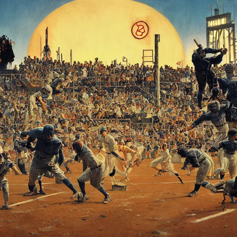 Prompt: a baseball field with ancient monoliths with glowing runes. highly detailed science fiction painting by daniel romanovsky, norman rockwell, syd mead. rich colors, high contrast, gloomy atmosphere, dark background.