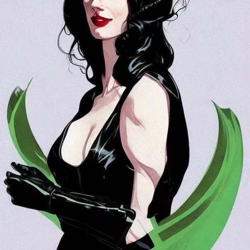 Image similar to Joshua Middleton comic art, wide shot, stunning elegant female Eva Green, spy, eye patch over left eye,beautiful evil smile, symmetrical face, symmetrical eyes, leather clothing, long straight green black hair, full body, Midnight pattern