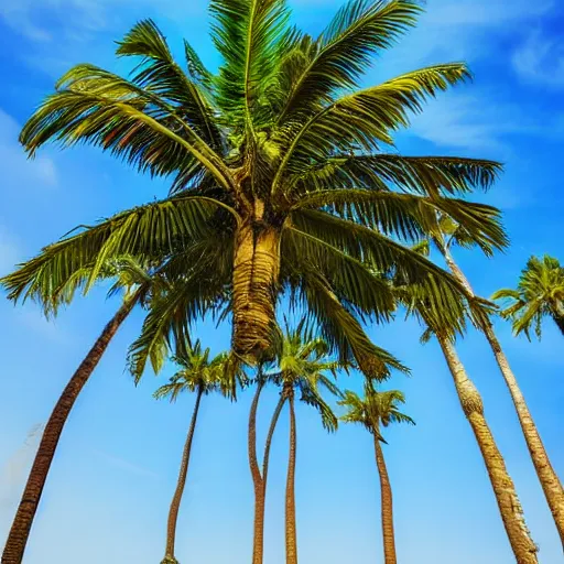 Image similar to surreal palm trees floating floating floating in blue sky, random positions floating, flying