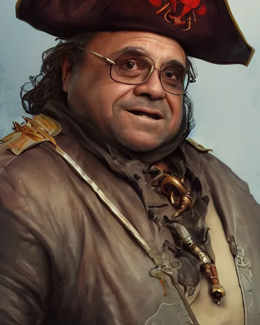 Image similar to portrait of danny devito as a pirate, highly detailed, digital painting, artstation, concept art, sharp focus, illustration, art by artgerm and greg rutkowski and alphonse mucha