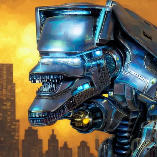 Image similar to hyper-realistic detailed portrait photograph, mid shot, gangster robot mecha dinosaur with a single gold tooth, cyberpunk