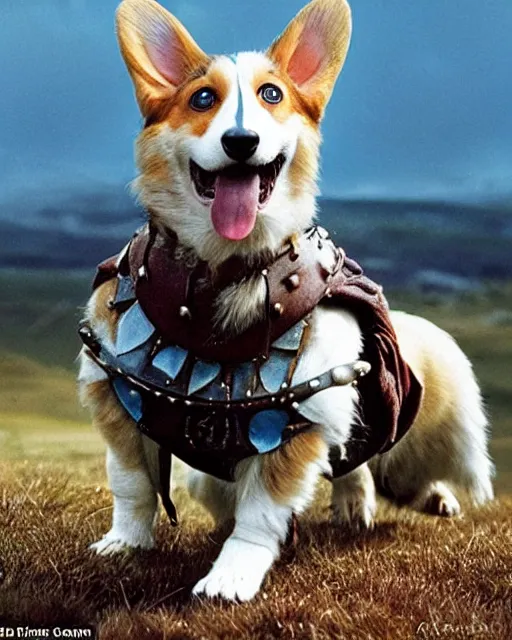 Prompt: braveheart as a warrior corgi dog runs off to battle the english, the corgi has braveheart blue face paint on its furry face, hyperreal, filmed in the style of john toll