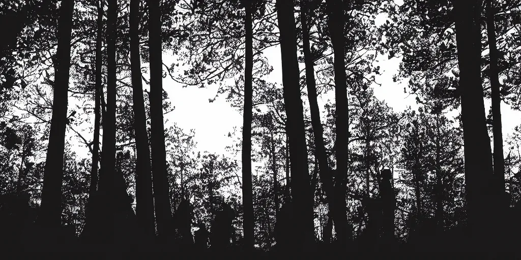 Prompt: silhouette spirits with glowing eyes in the dark northern California woods at night