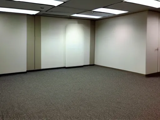 Prompt: an empty office space with off - white stained carpet and wallpaper, fluorescent lights, strangely placed walls, liminal space, craigslist photo