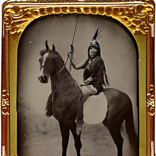 Image similar to tintype photo, native american riding unicorn