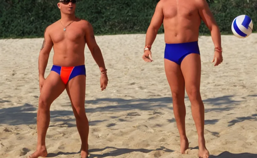 Image similar to pitbull in a speedo playing beach volleyball with a corporate mascot, ps 2 game screenshot