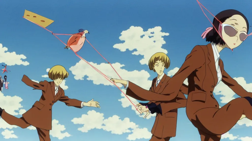 Image similar to a woman wearing a brown dress suit and a pigeon mask surfing on a kite the air in Tokyo, anime film still from the an anime directed by Katsuhiro Otomo with art direction by Salvador Dalí, wide lens