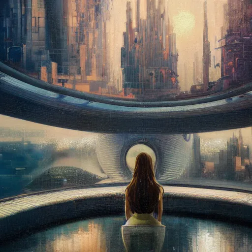 Image similar to detailed face of an arabic woman, tectonic cityscape, skydome, reactor, utopian, wet reflections, prism, atmospheric, ambient, pj crook, syd mead, livia prima, artgerm, greg rutkowski, nick alm, casey baugh