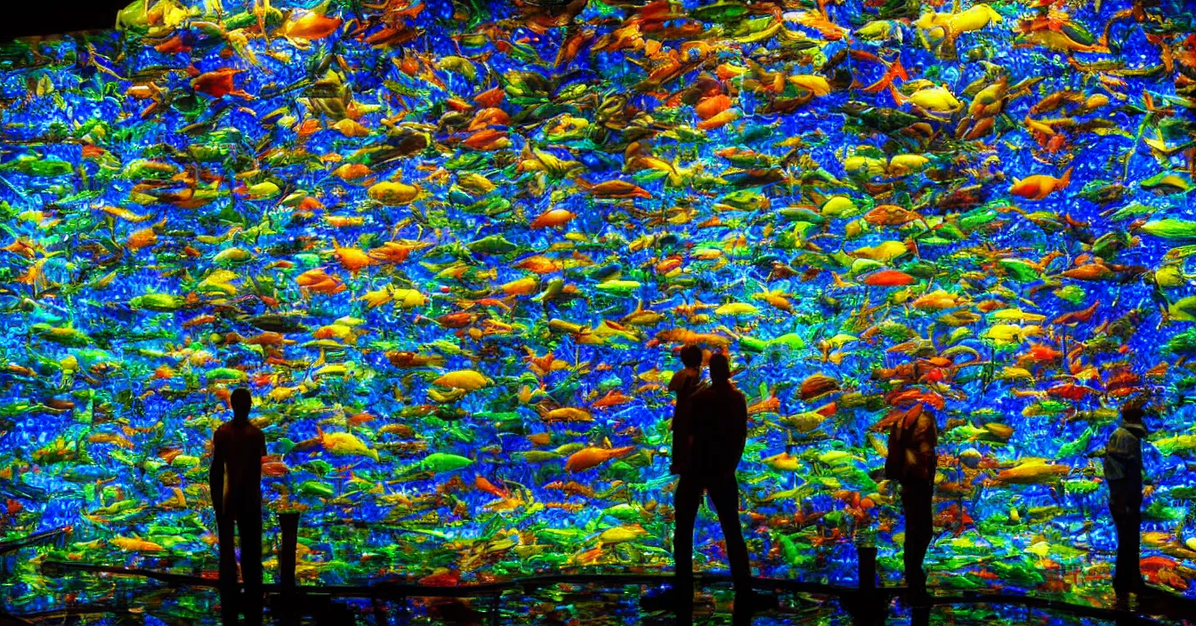 Prompt: Colorful photograph of fisherman in futuristic glass museum, full of thousands of glass fishes from different places of our universe, incredible sharp details, back light contrast, dramatic dark atmosphere, bright vivid colours, reclections, reflective ground, speculars, refractions, light disperions, painted by Gustave Dore, George Inness,