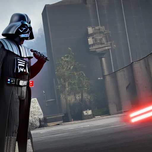 Image similar to in-game screenshot of Darth Vader in GTA V, 3d render, Unreal Engine, octane render, ray tracing, Unity, highly detailed, high quality, HD, 4k, 8k, realistic, sharp, trending