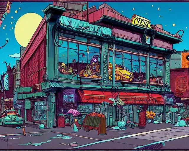 Image similar to a study of cell shaded cartoon of a taxi can infront of a store front, road, illustration, vivid colors, post grunge, concept art by josan gonzales and wlop, by james jean, Victo ngai, David Rubín, Mike Mignola, Laurie Greasley, highly detailed, sharp focus, alien, Trending on Artstation, HQ, deviantart, art by artgem