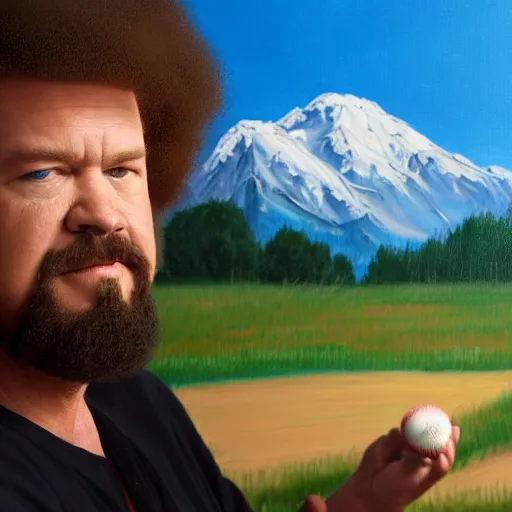 Image similar to a closeup photorealistic photograph of bob ross painting an image of kenny powers pitching a baseball on a canvas. mountains and trees. film still. brightly lit scene. this 4 k hd image is trending on artstation, featured on behance, well - rendered, extra crisp, features intricate detail, epic composition and the style of unreal engine.