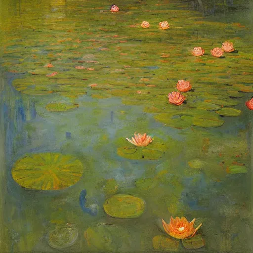 Image similar to A peaceful painting that shows a pond with water lilies floating on the surface. The colors are soft and calming, and the overall effect is one of serenity and relaxation. neon, manichaean artwork, grim dark by Heinrich Lefler, by Chaïm Soutine, by Arkhyp Kuindzhi wondrous, digital art