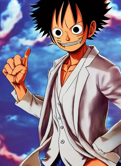 Image similar to a real life image of luffy wearing a white suit, Golden Hour Effect, trending on ArtStation